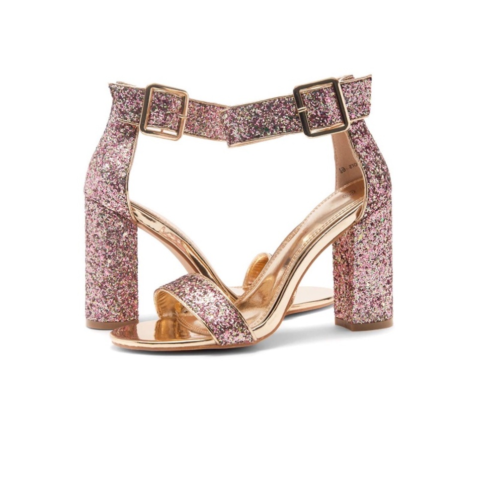 Gold Glitter Chunky Heel Sandal